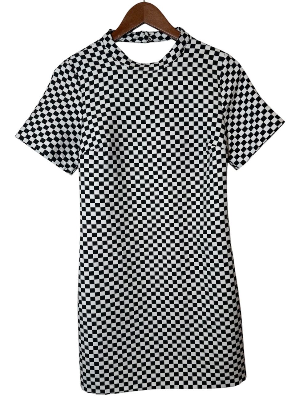 Zara S Checkerboard Print Mini Dress Mod 60s GoGo Cut Out Back Rave Y2K Vibes